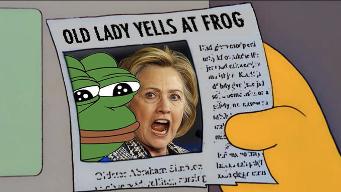 Meme Old lady yells at frog - Hillary vs Pepe