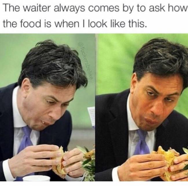 The waiter always comes by to ask how the food is when I look like this