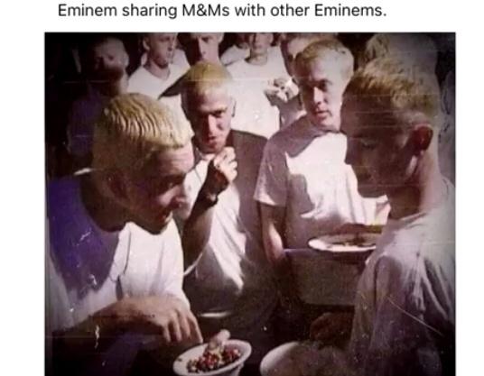 Meme Eminem sharing M&Ms with other Eminems